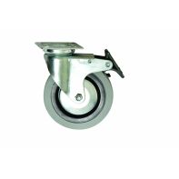 Castor. Industrial. "Mozzo" 75mm. Swivel Plate 60mm Sq. w/Brake. Zinc/Black Body, Grey PU Tread